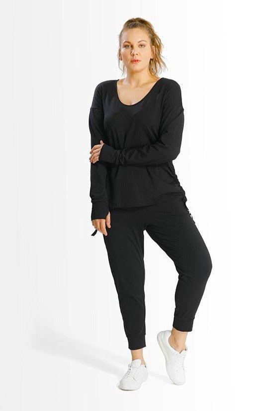 Kathy Top //Black  Scoop Neck Long Sleeve Top with side Rouching and thumbholes at cuff