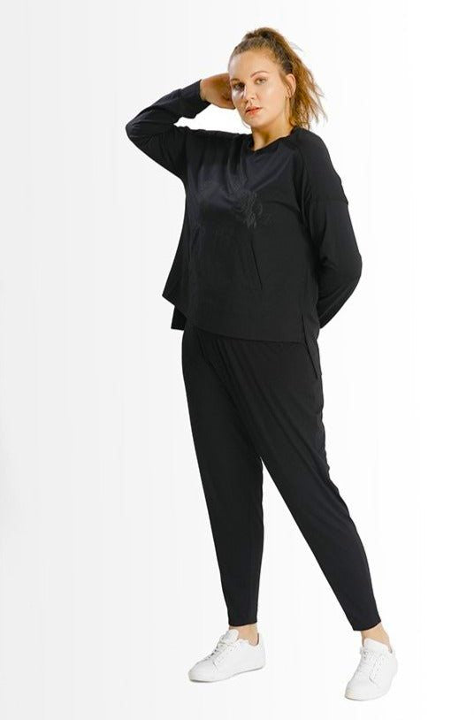 Amara Boxy Crew // Black - SHEGUL long sleeve Tee with kangaroo pockets and rose print