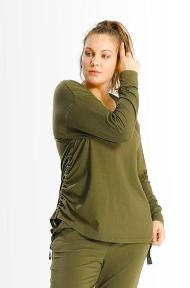 Kathy Top // Army Green - SHEGUL Long sleeve scoop neck with side rouching and thumbholes at cuff, Plus size