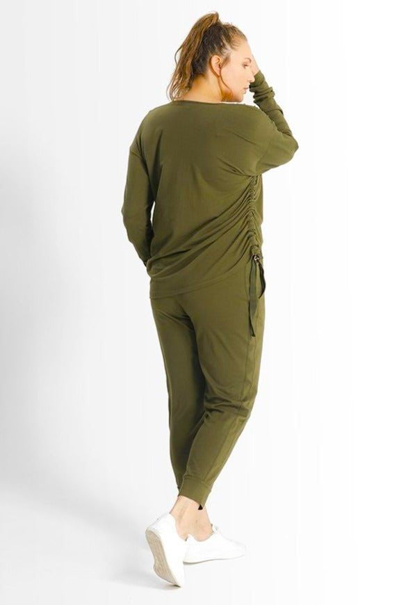 Kathy Top // Army Green - SHEGUL Long sleeve scoop neck with side rouching and thumbholes at cuff ,Plus size