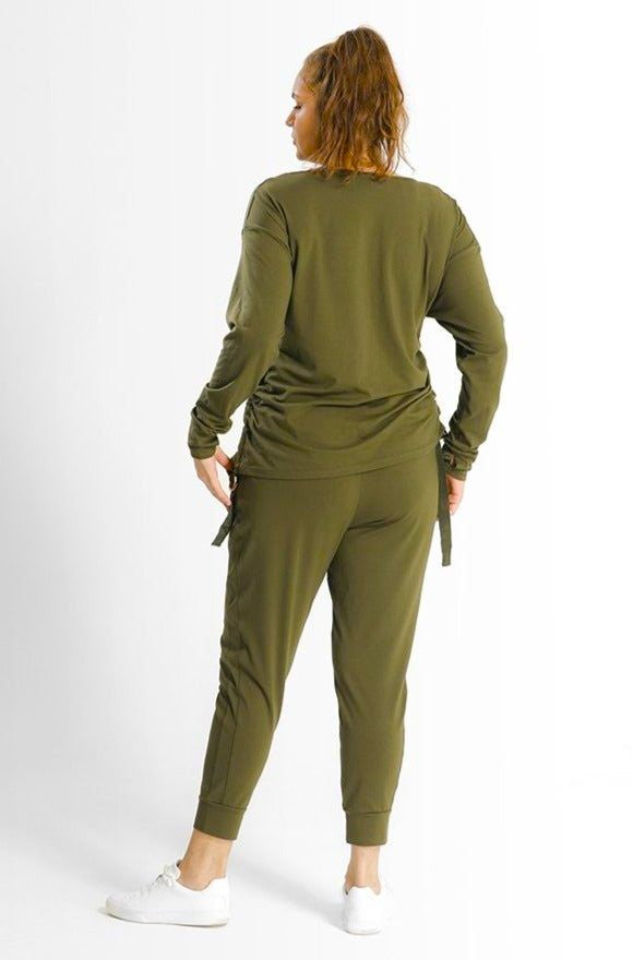Kathy Top // Army Green - SHEGUL Long sleeve scoop neck with side rouching and thumbholes at cuff,Plus size