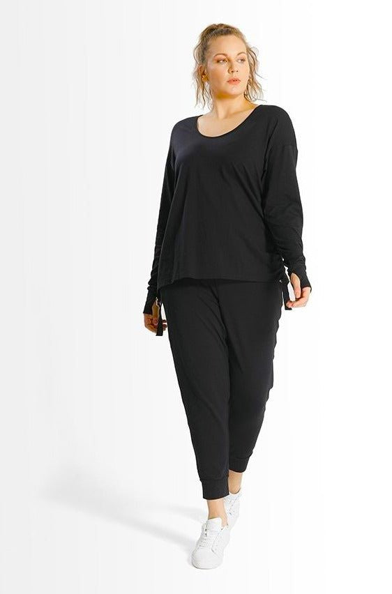 Kathy Top //Black  Scoop Neck Long Sleeve Top with side Rouching and thumbholes at cuff